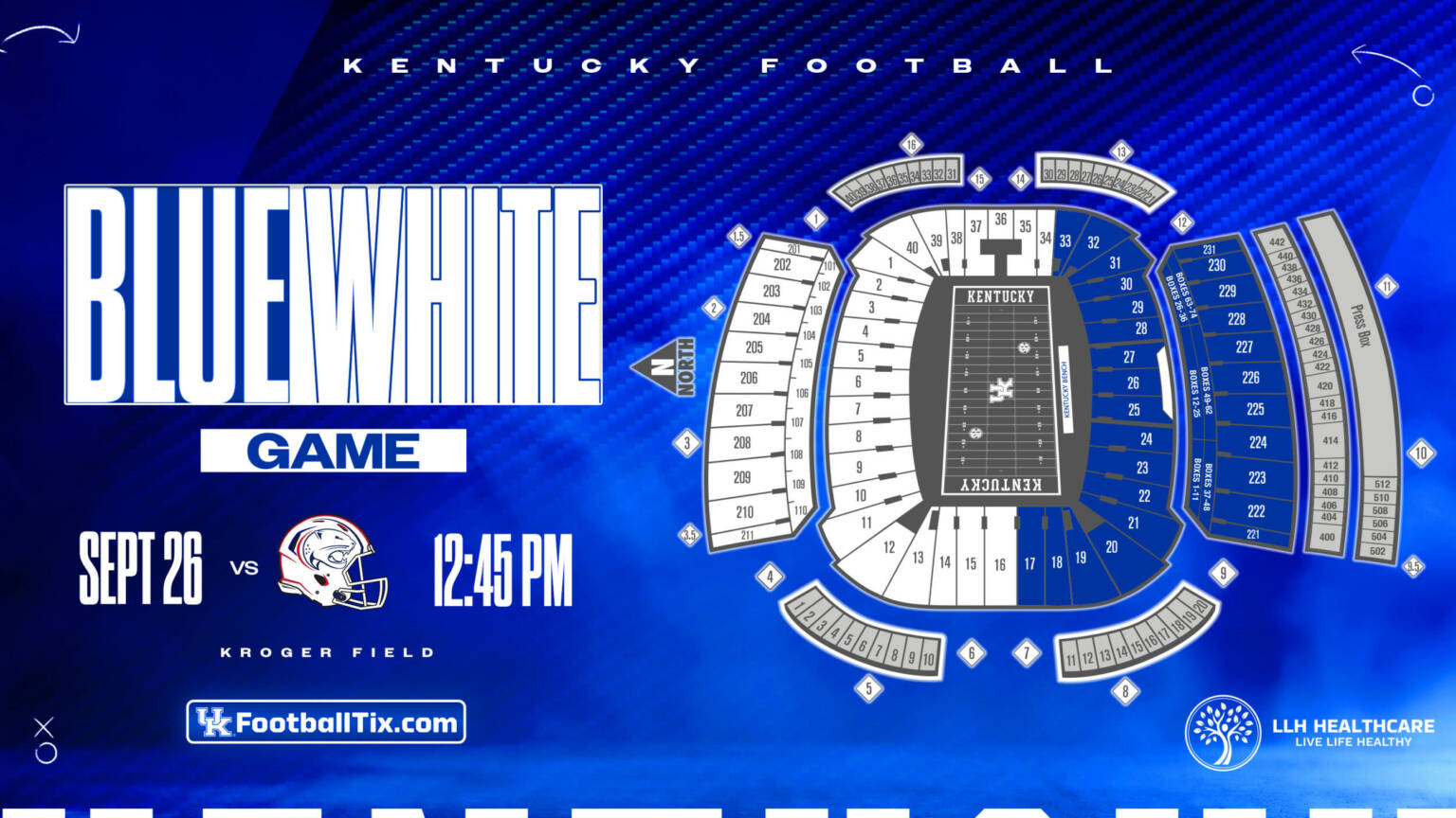 Graphic promoting the University of Kentucky Blue‑White football game at Kroger Field on September 26 at 12:45 p.m., featuring a stadium seating map, UK branding, and a ticket link (UKFootballTix.com).