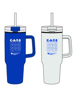 one blue and one white drink tumbler with straw