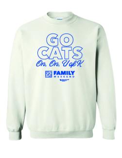 White sweatshirt with a blue graphic that says Go Cats!