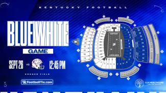 Graphic promoting the University of Kentucky Blue‑White football game at Kroger Field on September 26 at 12:45 p.m., featuring a stadium seating map, UK branding, and a ticket link (UKFootballTix.com).